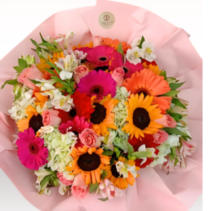 Bouquet Sami Rosas, Girasol, Gerberas y follajes