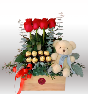 Caja Mara rosas rojas, chocolates y oso