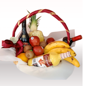 CANASTA OPTIMISTIC ARRAGEMENT FRUTA Y BOTELLAS