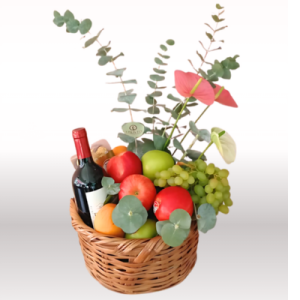 Canasta de Amor Fruta, Chocolates y Botella de vino