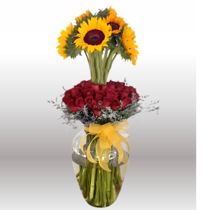 JARRÓN SINFONÍA DE AMOR GIRASOLES Y ROSAS ROJAS