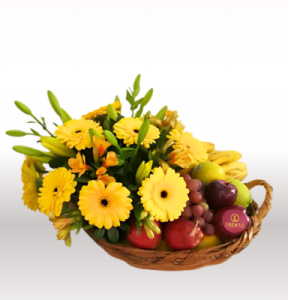 Canasta Tropical Basquet Fruta, Gerberas y Lilis