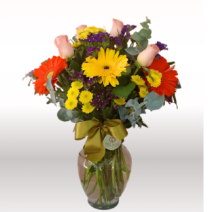 Jarrón Sugar Baby Rosas, Gerberas y Alstromelia