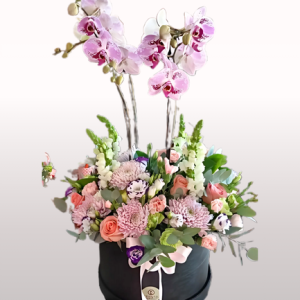Caja Mamaíta Orquídea con un jardín de flores mixtas